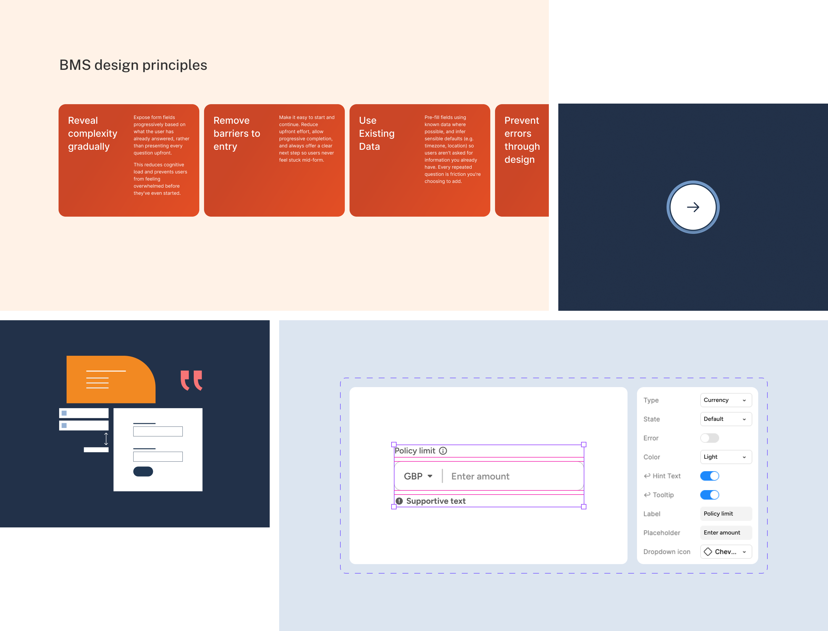BMS design principles cards and component inspector showing the configurable design system