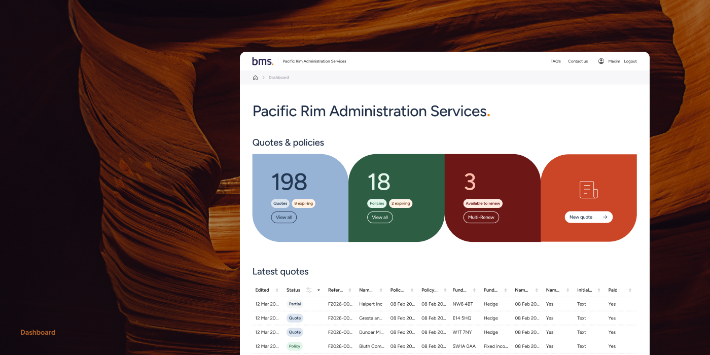 Bind Now insurance platform — Pacific Rim Administration Services dashboard