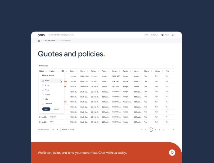 Quotes and policies table with status filter panel open