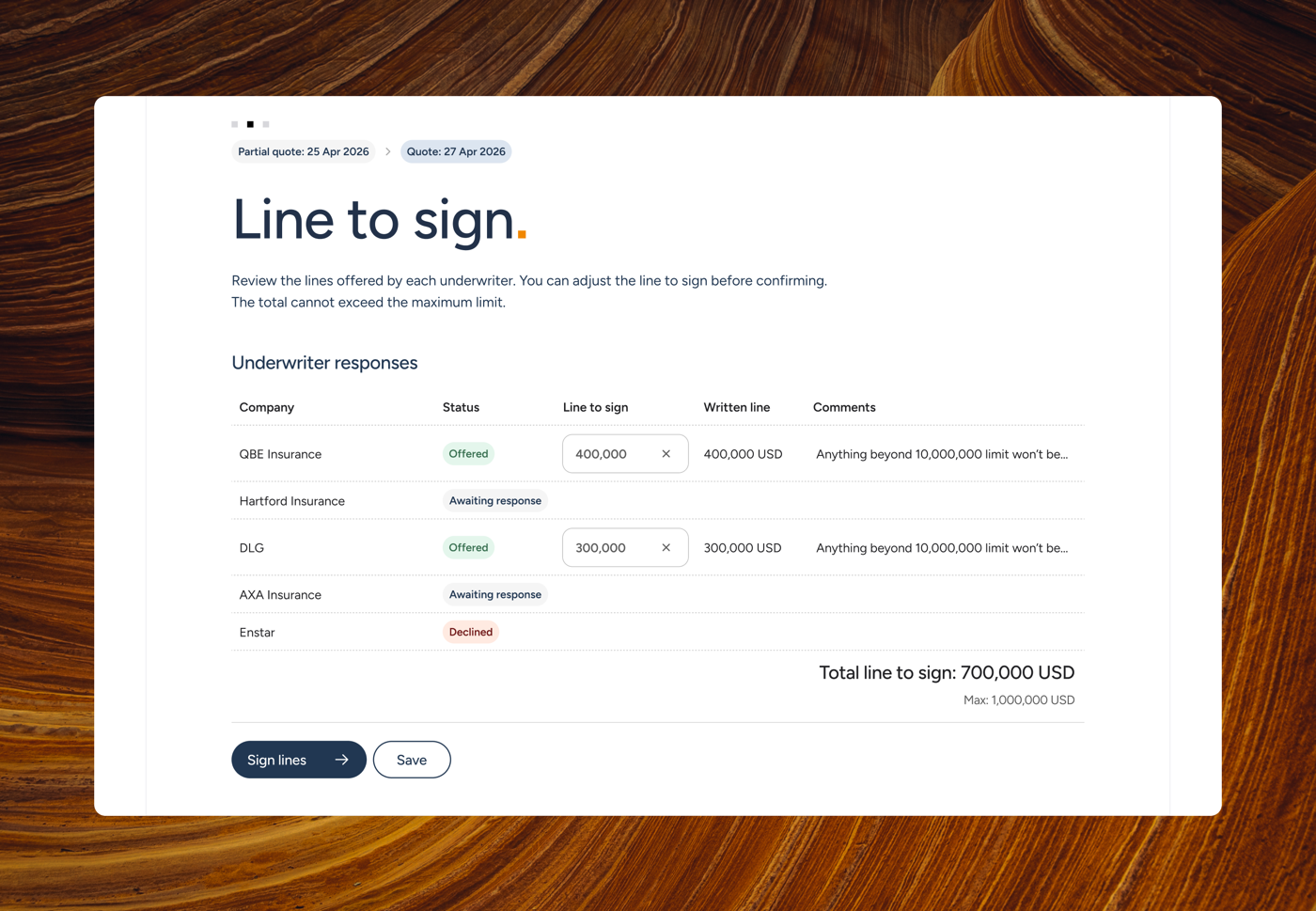 Line to sign — broker interface showing underwriter responses with offered lines