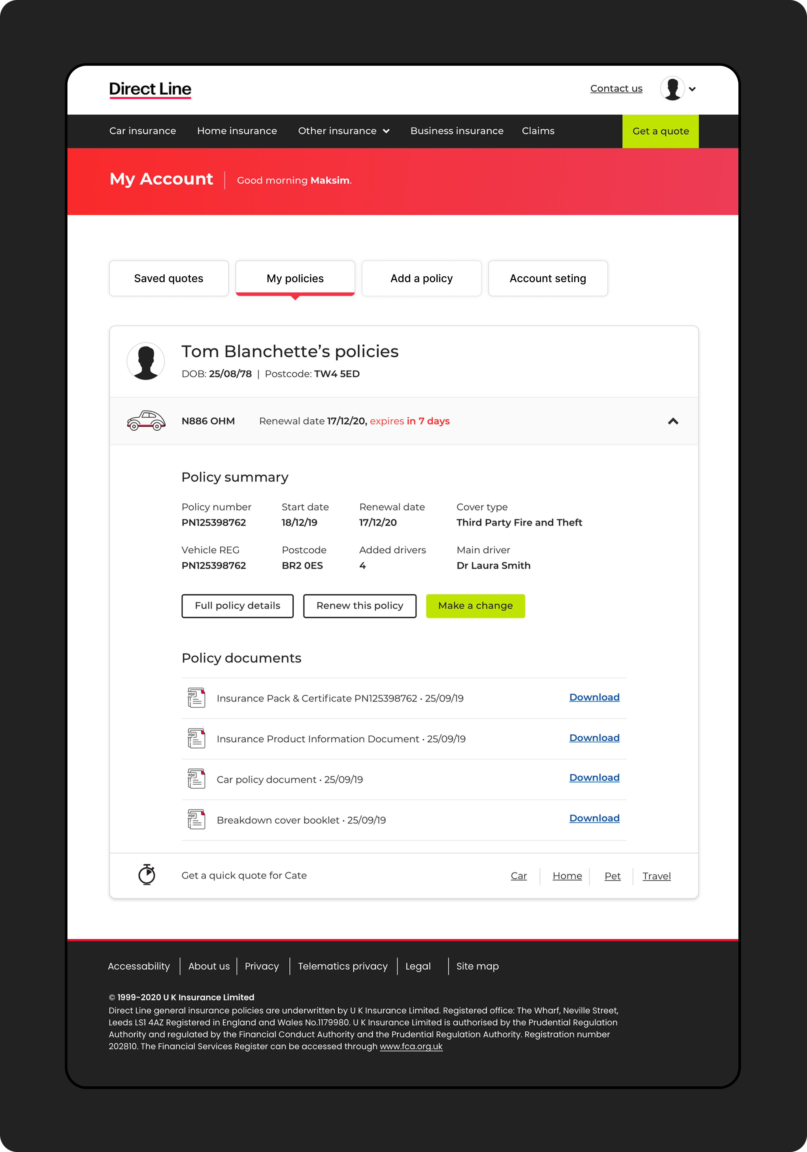 Policy dashboard showing saved quotes, my policies, add a policy and account settings tabs
