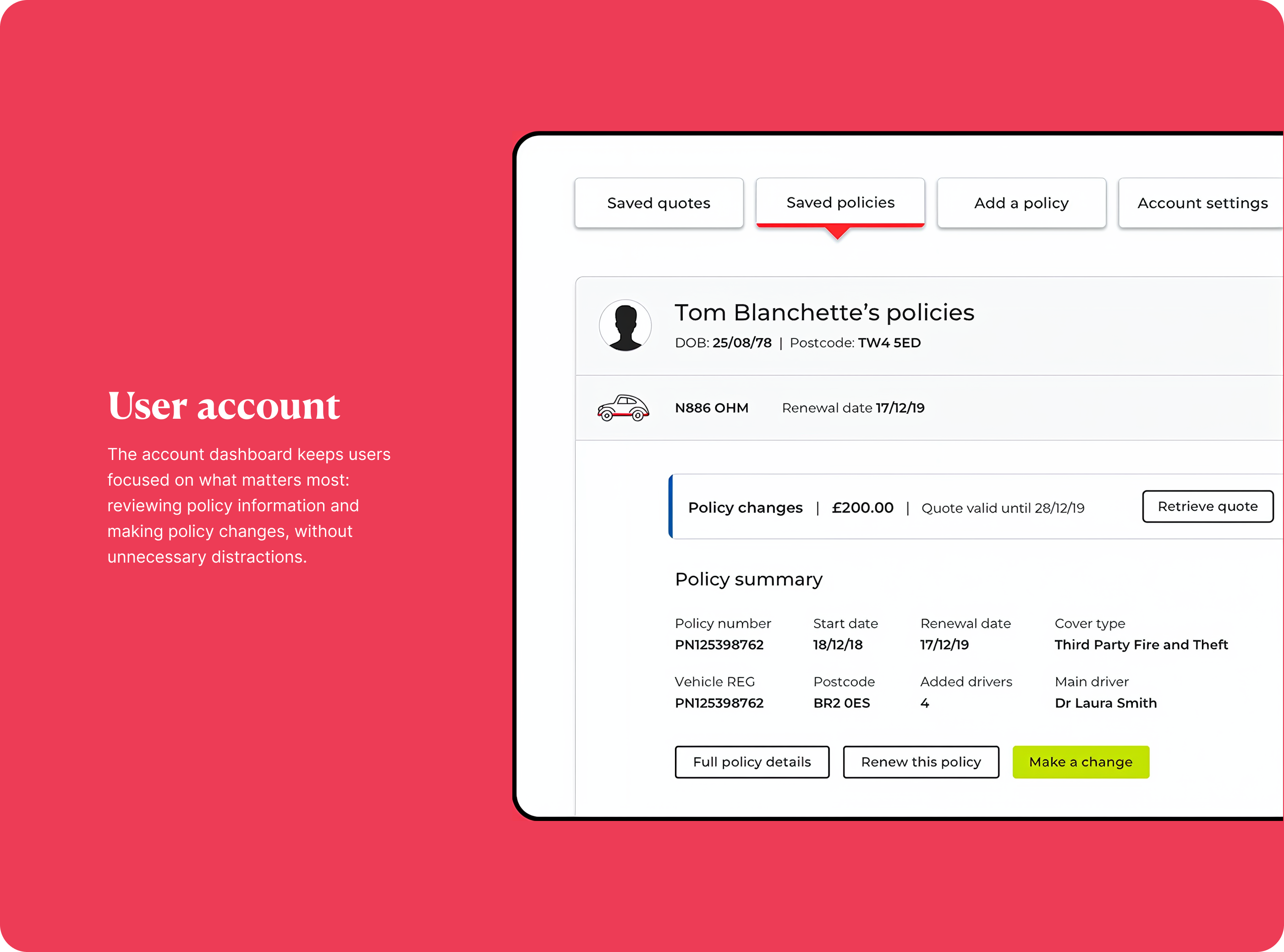 User account dashboard on red Direct Line branded background