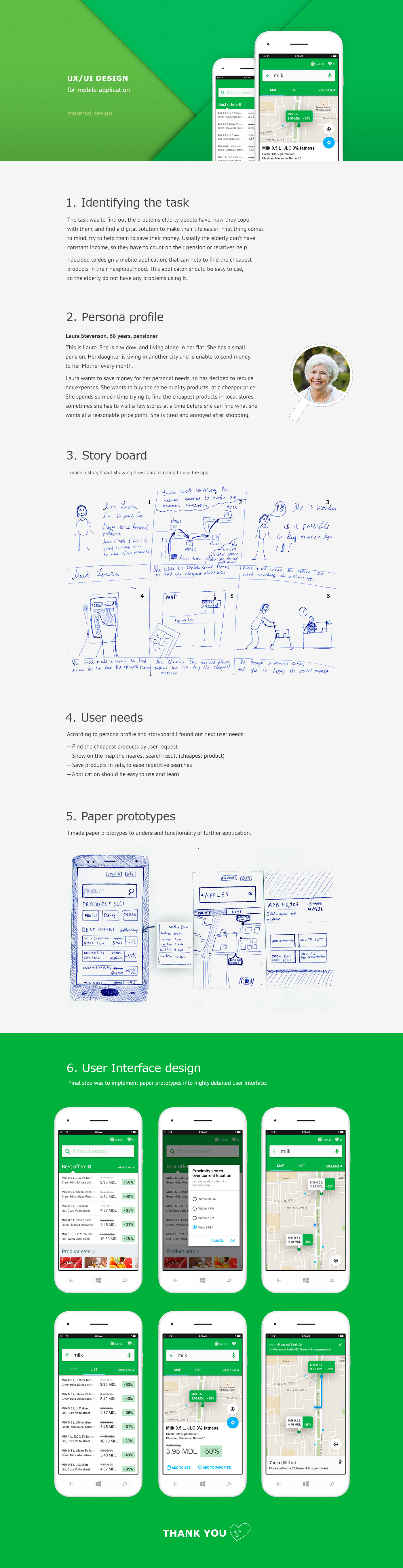 Grocery app case study document showing task identification, Laura Stevenson persona profile, storyboard, user needs, paper prototypes, and final Material Design UI screens for searching and comparing grocery prices