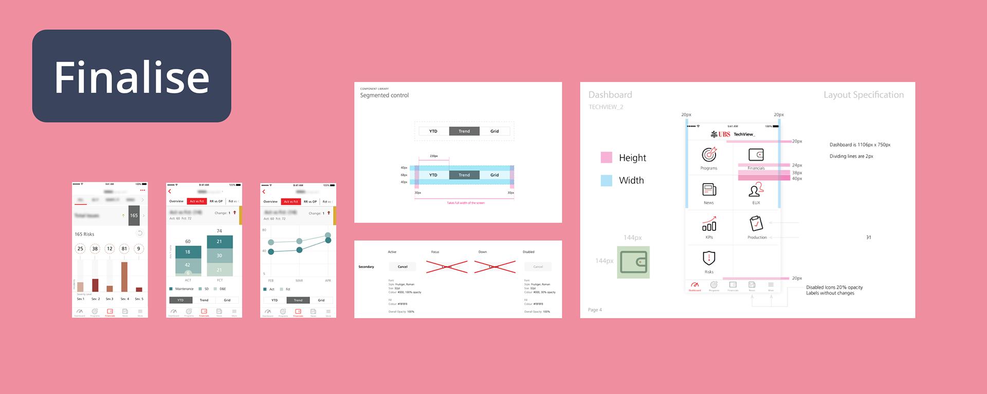 Finalise: final app screens, segmented control component library, button states, and layout specification for the TechView dashboard