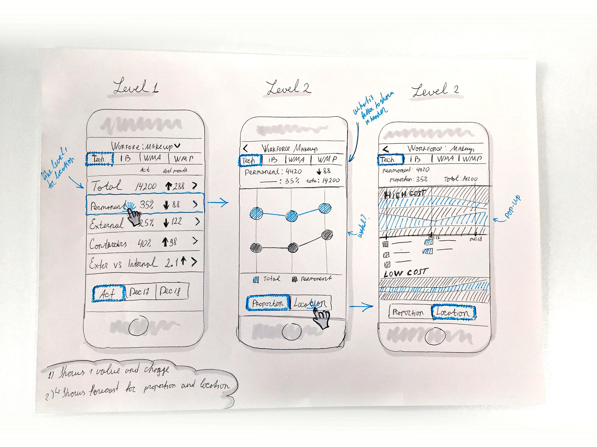 Detailed wireframe sketches showing Level 1 and Level 2 Workforce Makeup with pop-up panel